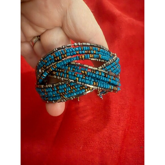 Set of 3 Seed Beaded Coil Wrap Bracelets: White, Teal, Multicolor Boho Gypsy - Picture 4 of 12